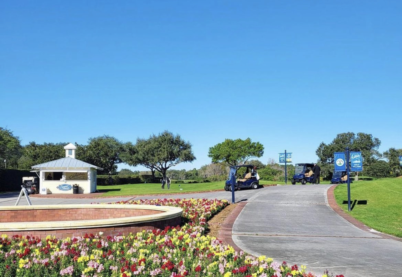 Cart path and flowers
